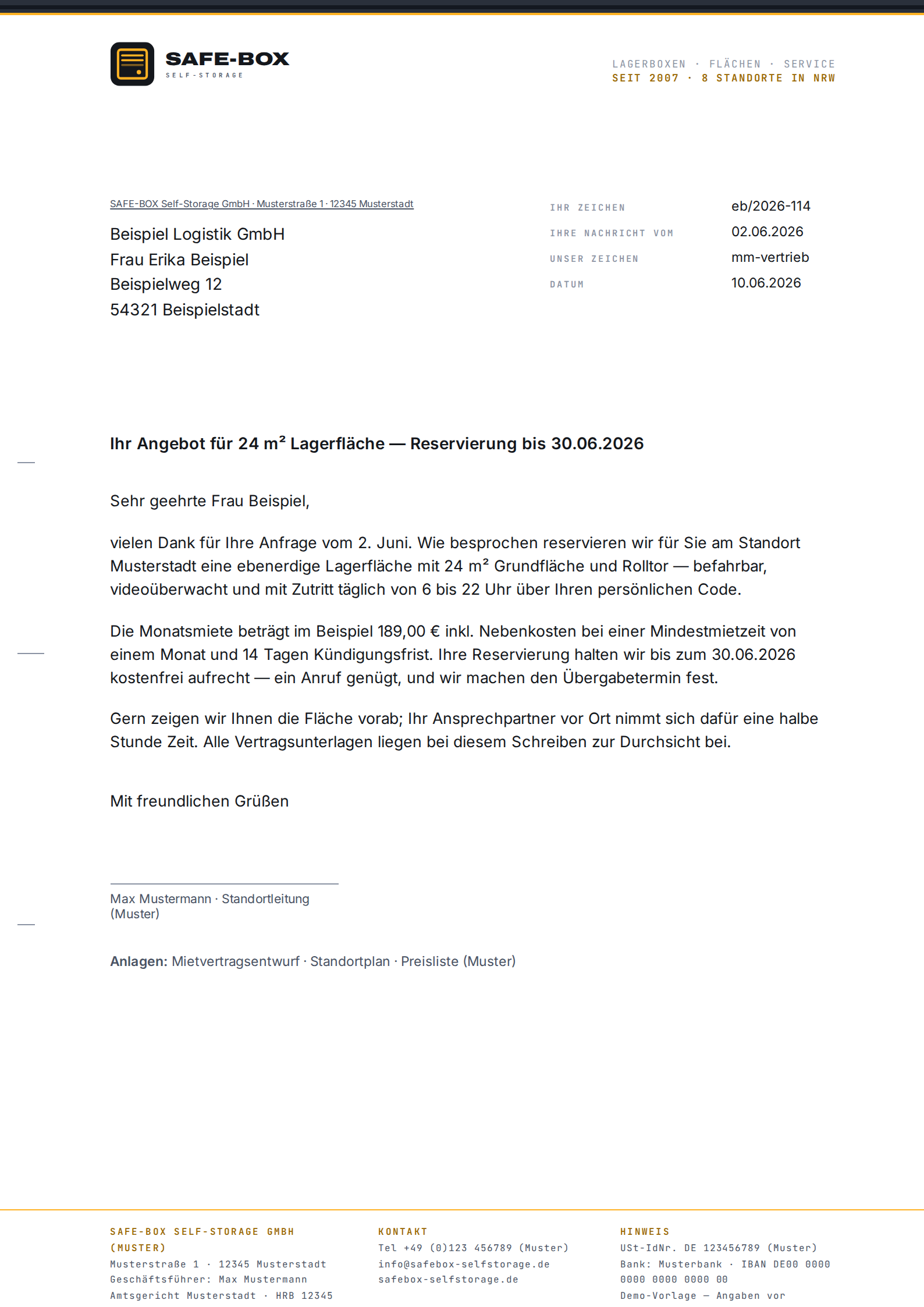 Vorschau des DIN-A4-Geschäftsbriefs mit Briefkopf, Anschriftfeld, Infoblock und fester Fußzeile