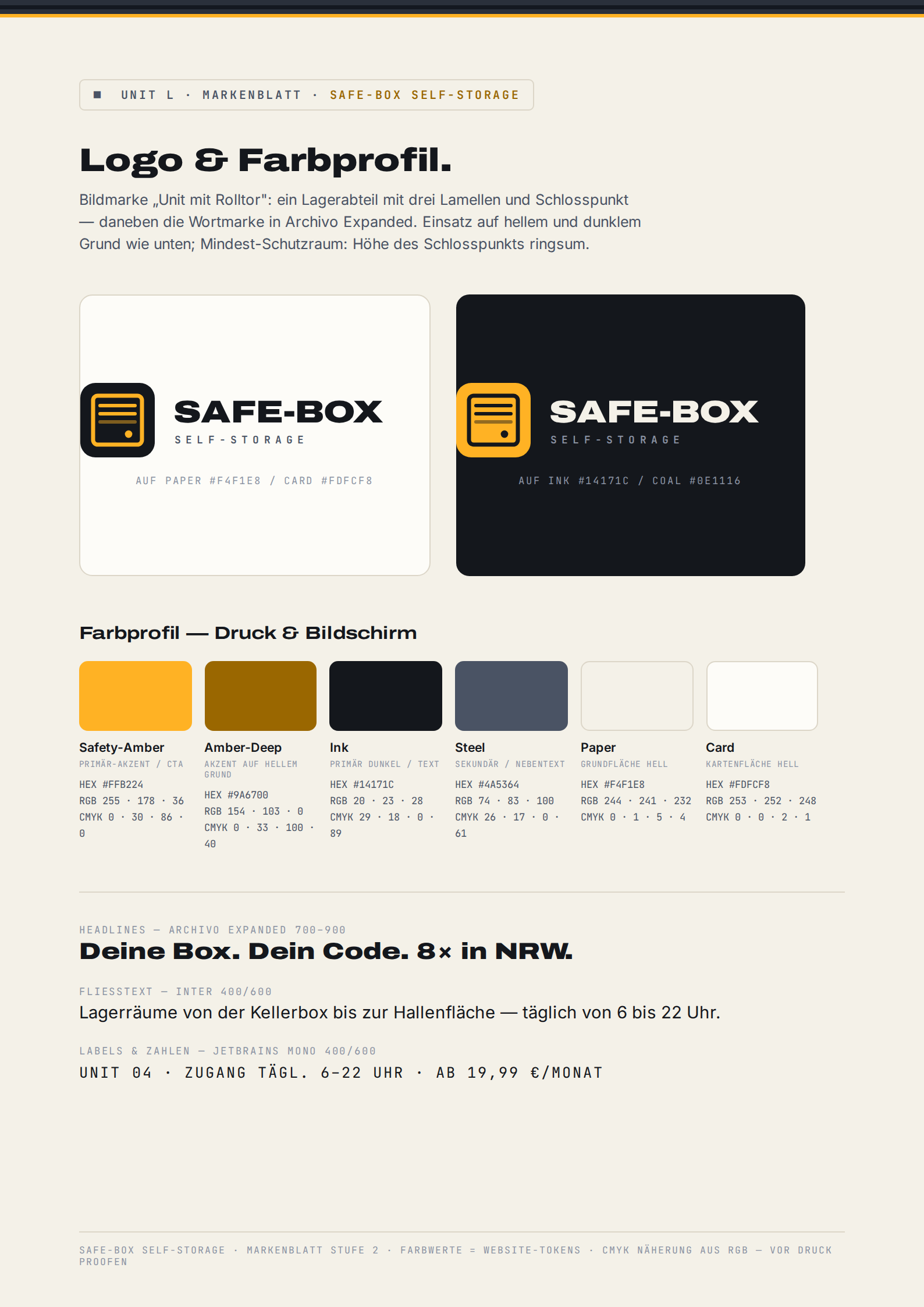 Vorschau des Logo-Markenblatts: SAFE-BOX-Logo auf hellem und dunklem Grund mit Farbprofil