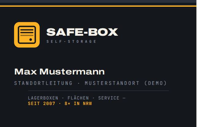 Visitenkarte Vorderseite: dunkler Grund mit SAFE-BOX-Logo, Name und Funktion